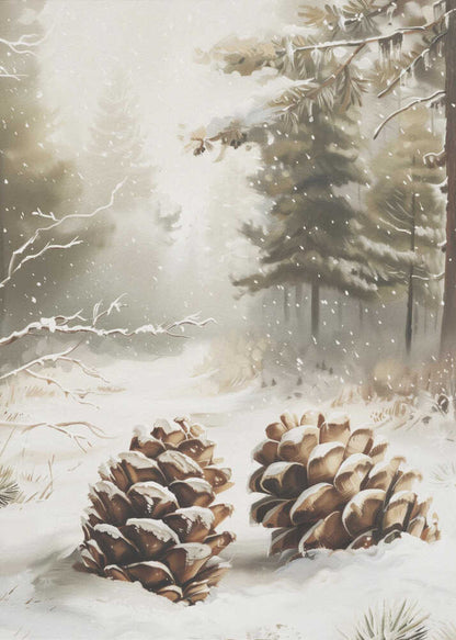 Painting of two large, snow-covered pinecones in a peaceful winter forest during a gentle snowfall.
