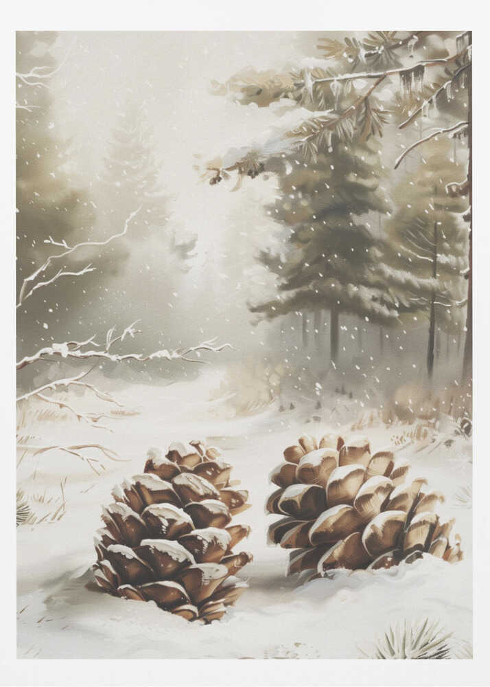 Painting of two large, snow-covered pinecones in a peaceful winter forest during a gentle snowfall.