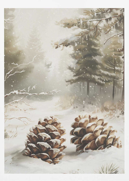 Painting of two large, snow-covered pinecones in a peaceful winter forest during a gentle snowfall.