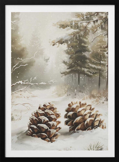Painting of two large, snow-covered pinecones in a peaceful winter forest during a gentle snowfall.