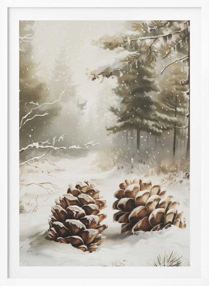Painting of two large, snow-covered pinecones in a peaceful winter forest during a gentle snowfall.