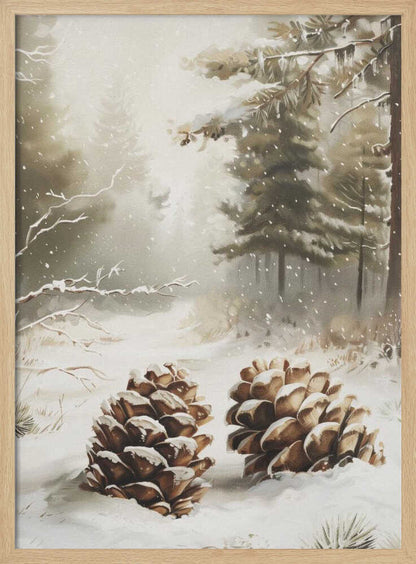 Painting of two large, snow-covered pinecones in a peaceful winter forest during a gentle snowfall.