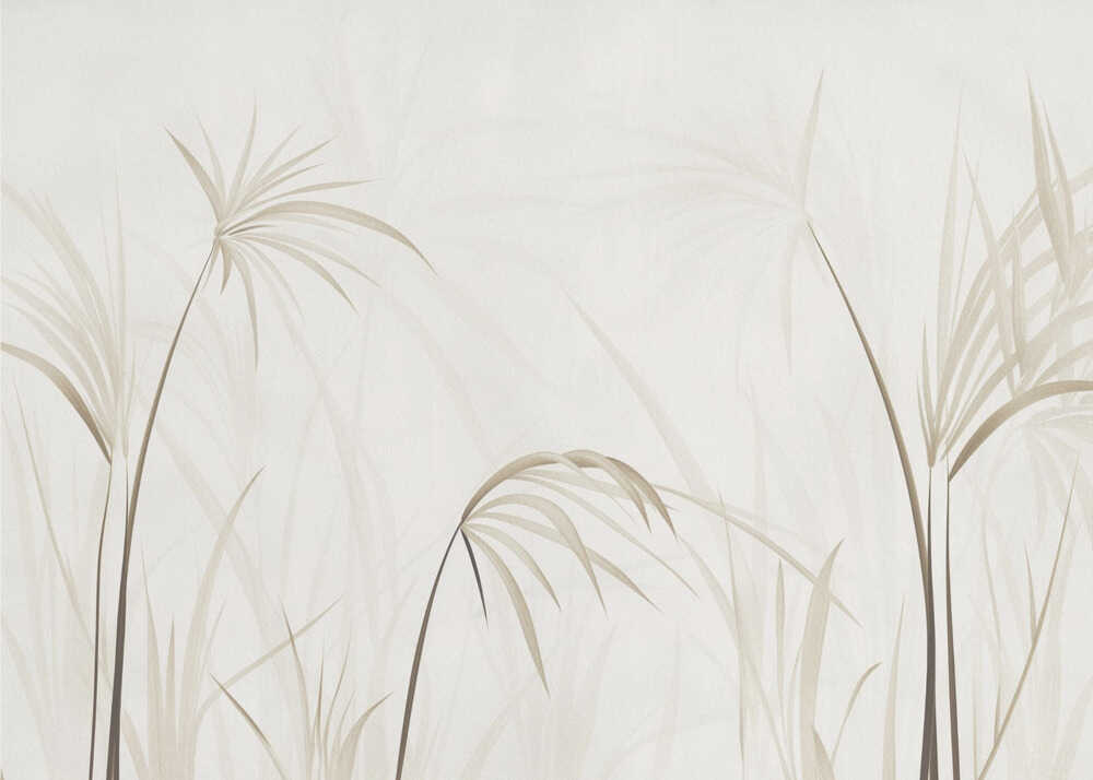 Minimalist art print of delicate beige grasses and reeds on a light background, framed in silver.