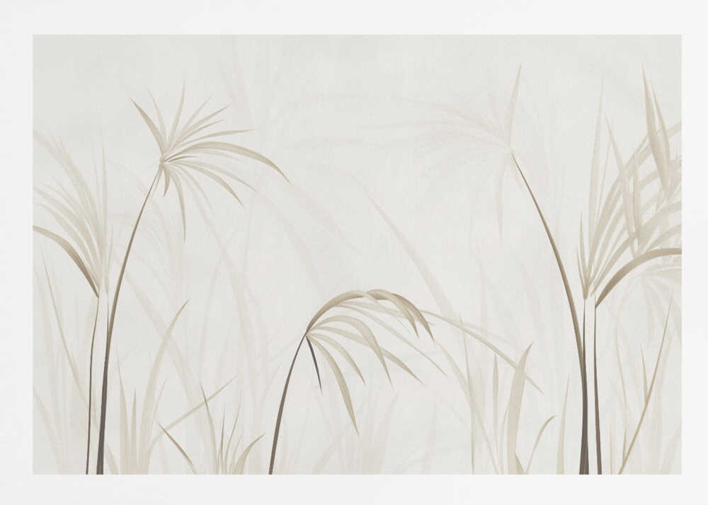 Minimalist art print of delicate beige grasses and reeds on a light background, framed in silver.
