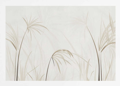 Minimalist art print of delicate beige grasses and reeds on a light background, framed in silver.