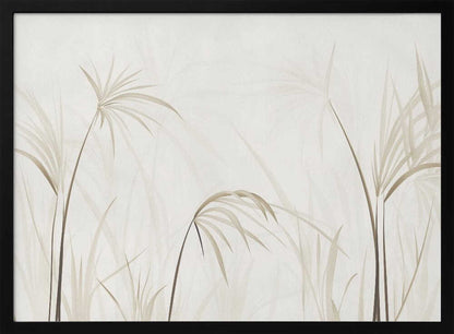Minimalist art print of delicate beige grasses and reeds on a light background, framed in silver.