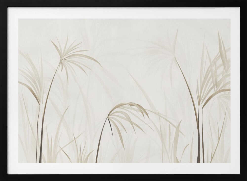 Minimalist art print of delicate beige grasses and reeds on a light background, framed in silver.
