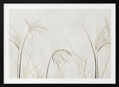 Minimalist art print of delicate beige grasses and reeds on a light background, framed in silver.