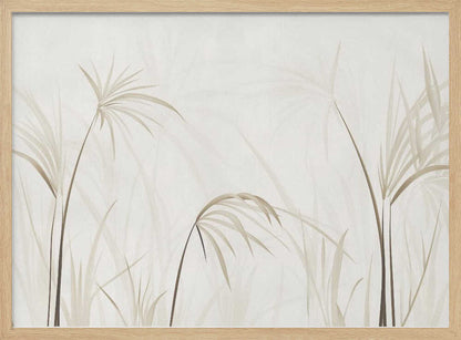 Minimalist art print of delicate beige grasses and reeds on a light background, framed in silver.