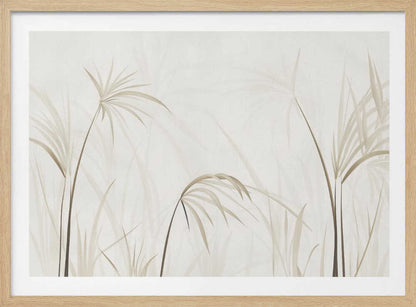 Minimalist art print of delicate beige grasses and reeds on a light background, framed in silver.