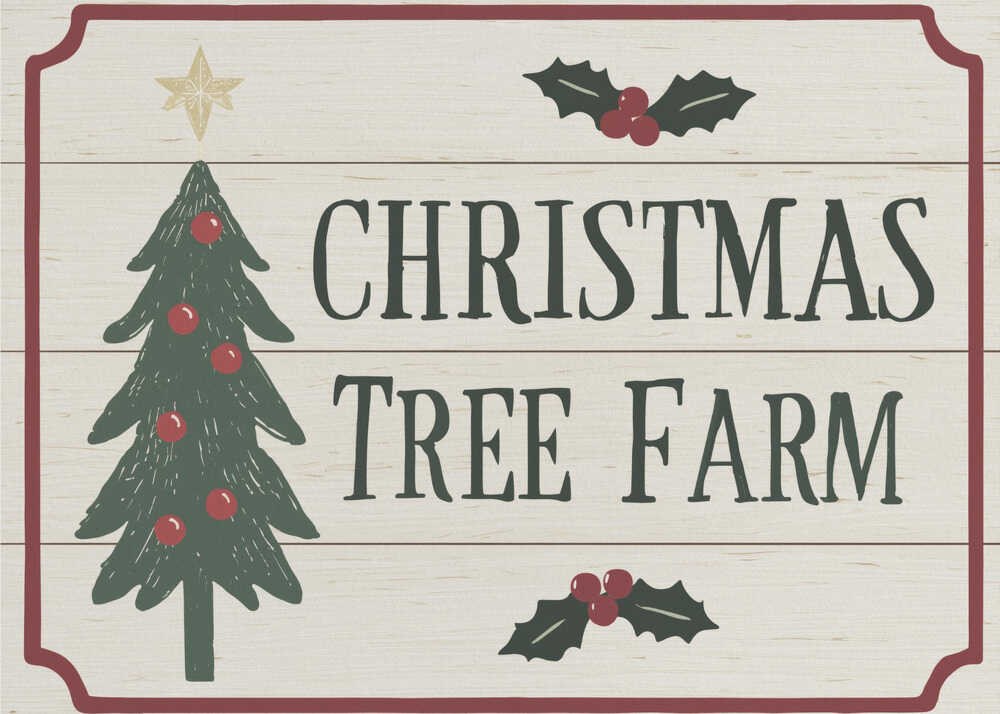 Vintage 'Christmas Tree Farm' sign with a decorated tree and holly. Rustic holiday wall art.
