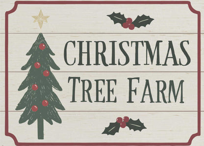 Vintage 'Christmas Tree Farm' sign with a decorated tree and holly. Rustic holiday wall art.
