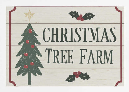 Vintage 'Christmas Tree Farm' sign with a decorated tree and holly. Rustic holiday wall art.