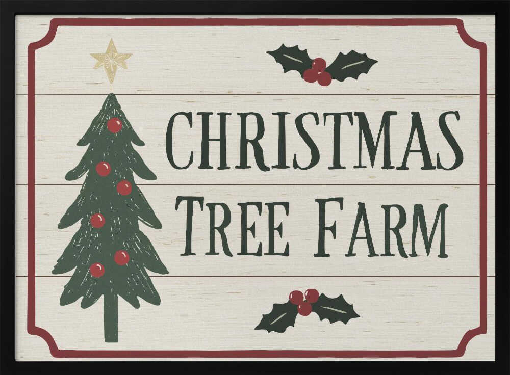Vintage 'Christmas Tree Farm' sign with a decorated tree and holly. Rustic holiday wall art.