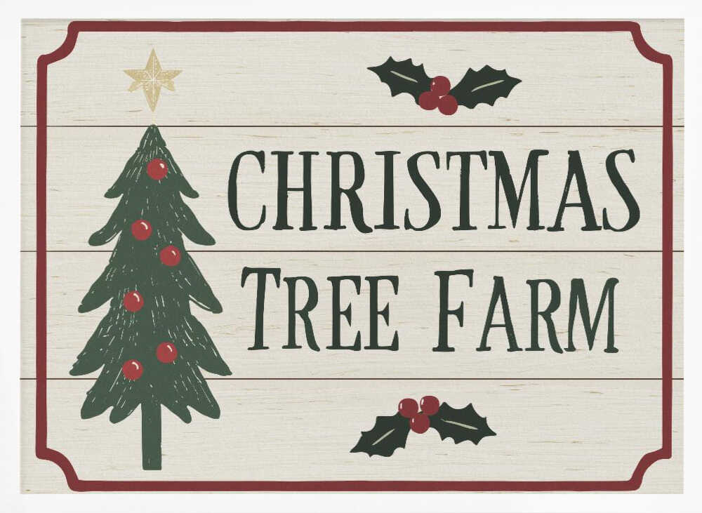 Vintage 'Christmas Tree Farm' sign with a decorated tree and holly. Rustic holiday wall art.