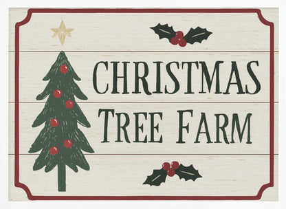 Vintage 'Christmas Tree Farm' sign with a decorated tree and holly. Rustic holiday wall art.