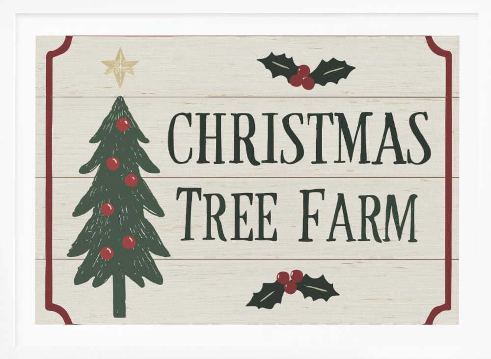 Vintage 'Christmas Tree Farm' sign with a decorated tree and holly. Rustic holiday wall art.