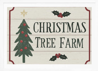 Vintage 'Christmas Tree Farm' sign with a decorated tree and holly. Rustic holiday wall art.