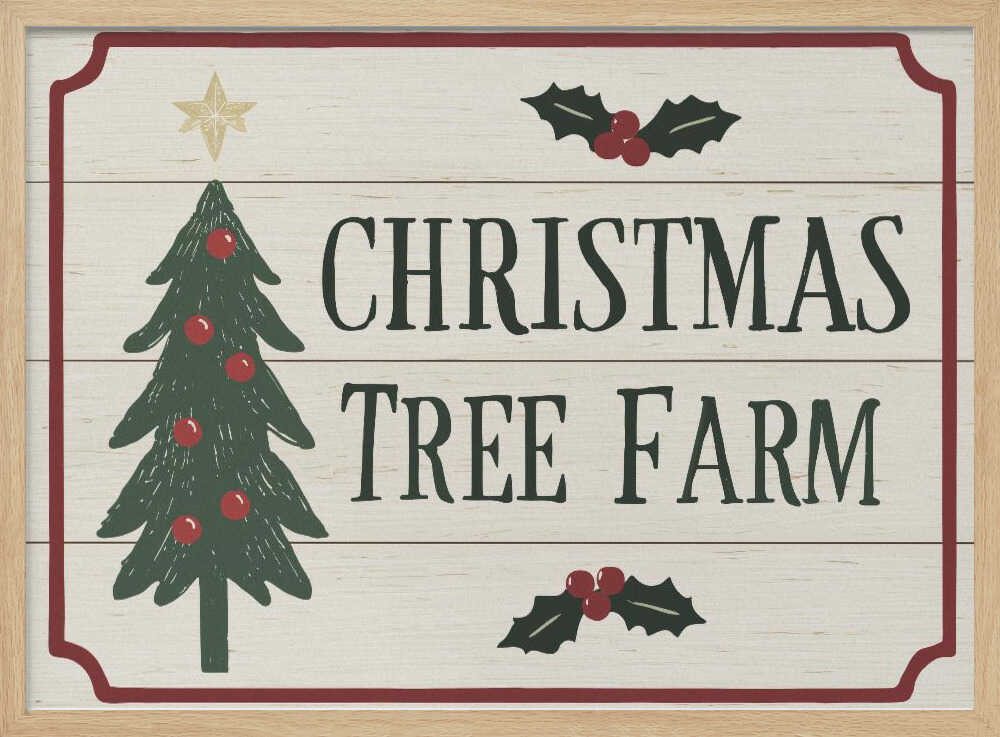 Vintage 'Christmas Tree Farm' sign with a decorated tree and holly. Rustic holiday wall art.