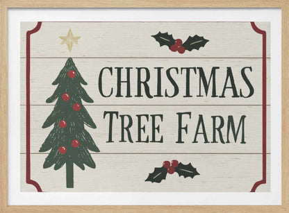 Vintage 'Christmas Tree Farm' sign with a decorated tree and holly. Rustic holiday wall art.
