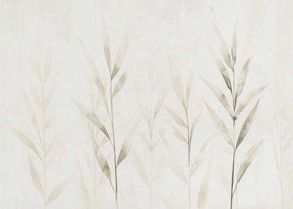 Minimalist watercolor painting of bamboo stalks in soft green and beige hues.