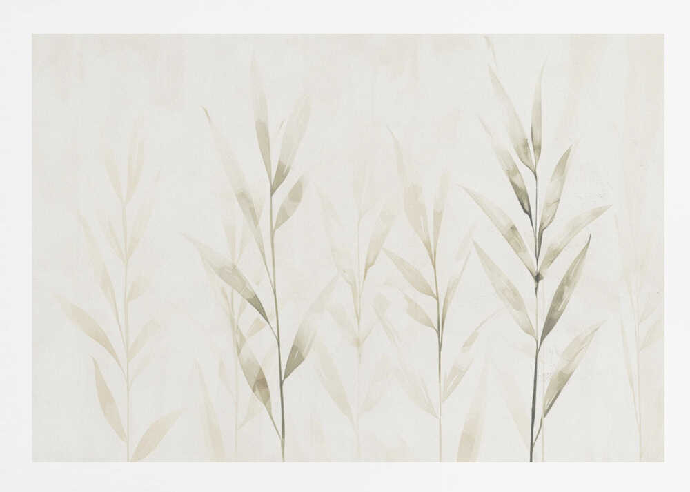 Minimalist watercolor painting of bamboo stalks in soft green and beige hues.