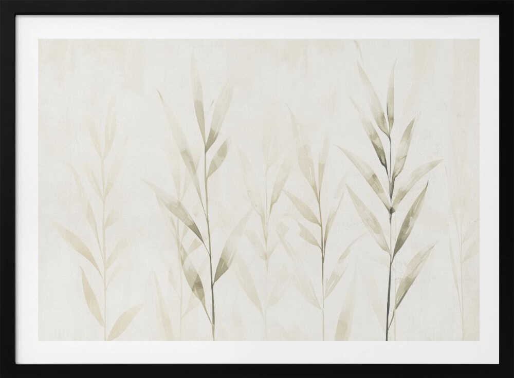 Minimalist watercolor painting of bamboo stalks in soft green and beige hues.