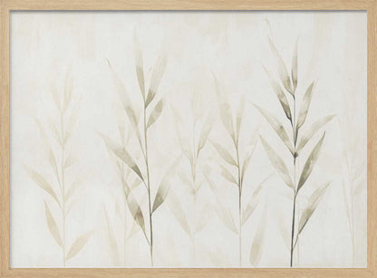 Minimalist watercolor painting of bamboo stalks in soft green and beige hues.