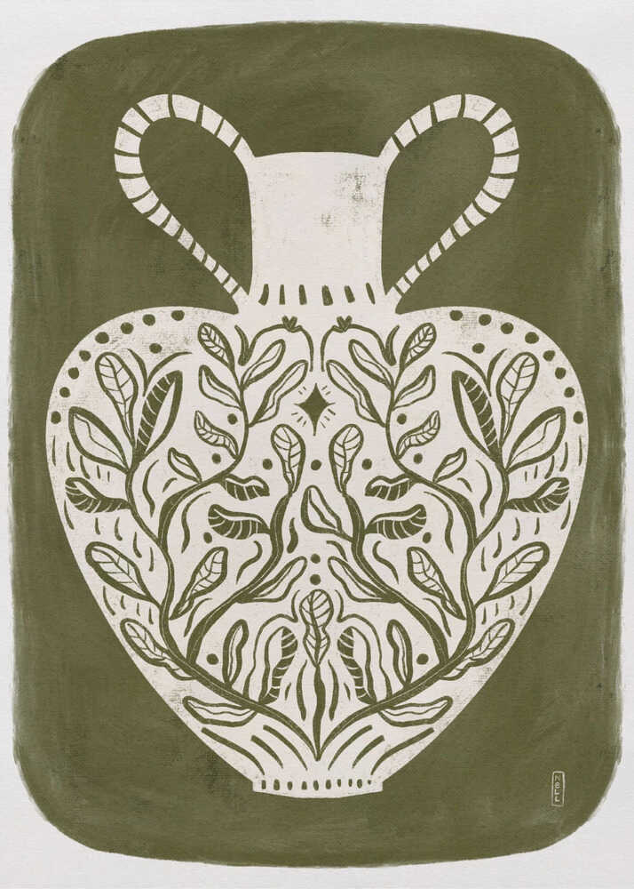 Olive green illustration of a Greek vase, perfect as an art print or poster.