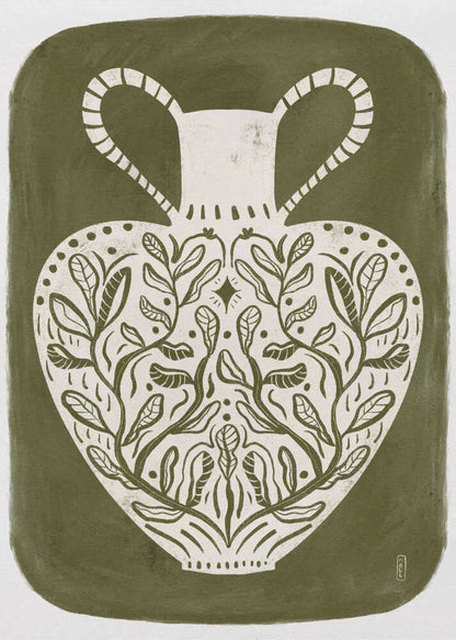 Olive green illustration of a Greek vase, perfect as an art print or poster.