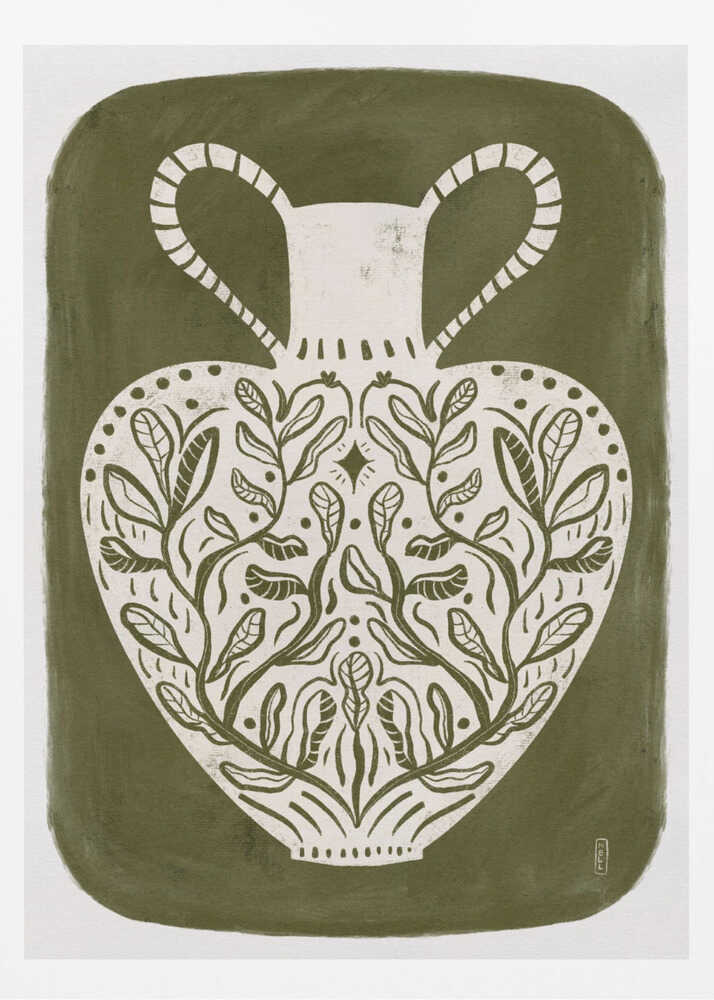 Olive green illustration of a Greek vase, perfect as an art print or poster.
