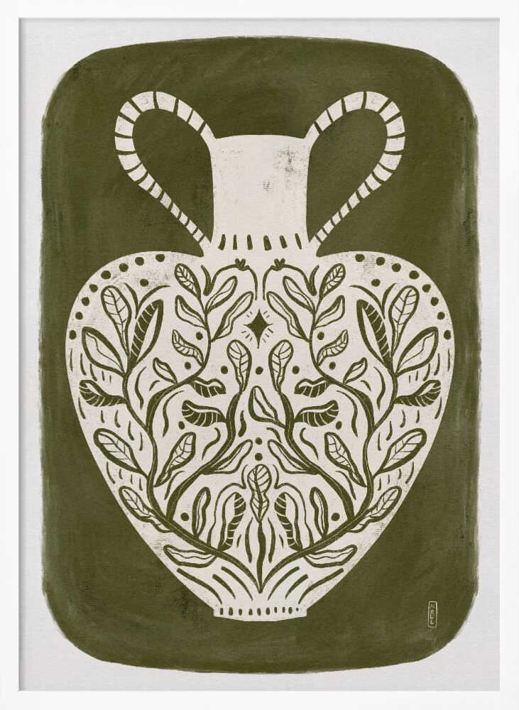 Olive green illustration of a Greek vase, perfect as an art print or poster.