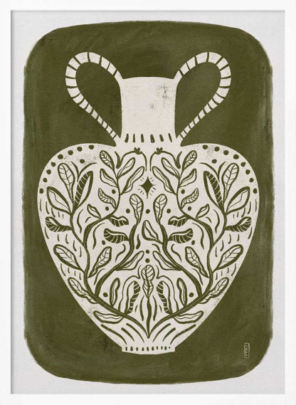 Olive green illustration of a Greek vase, perfect as an art print or poster.
