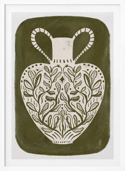 Olive green illustration of a Greek vase, perfect as an art print or poster.
