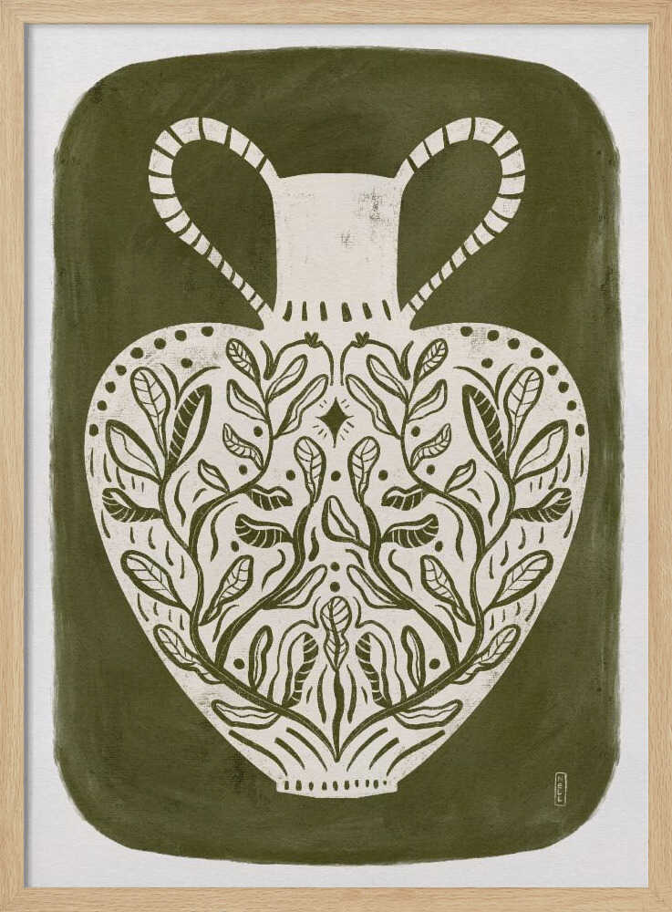 Olive green illustration of a Greek vase, perfect as an art print or poster.