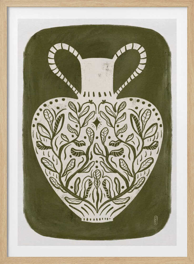 Olive green illustration of a Greek vase, perfect as an art print or poster.
