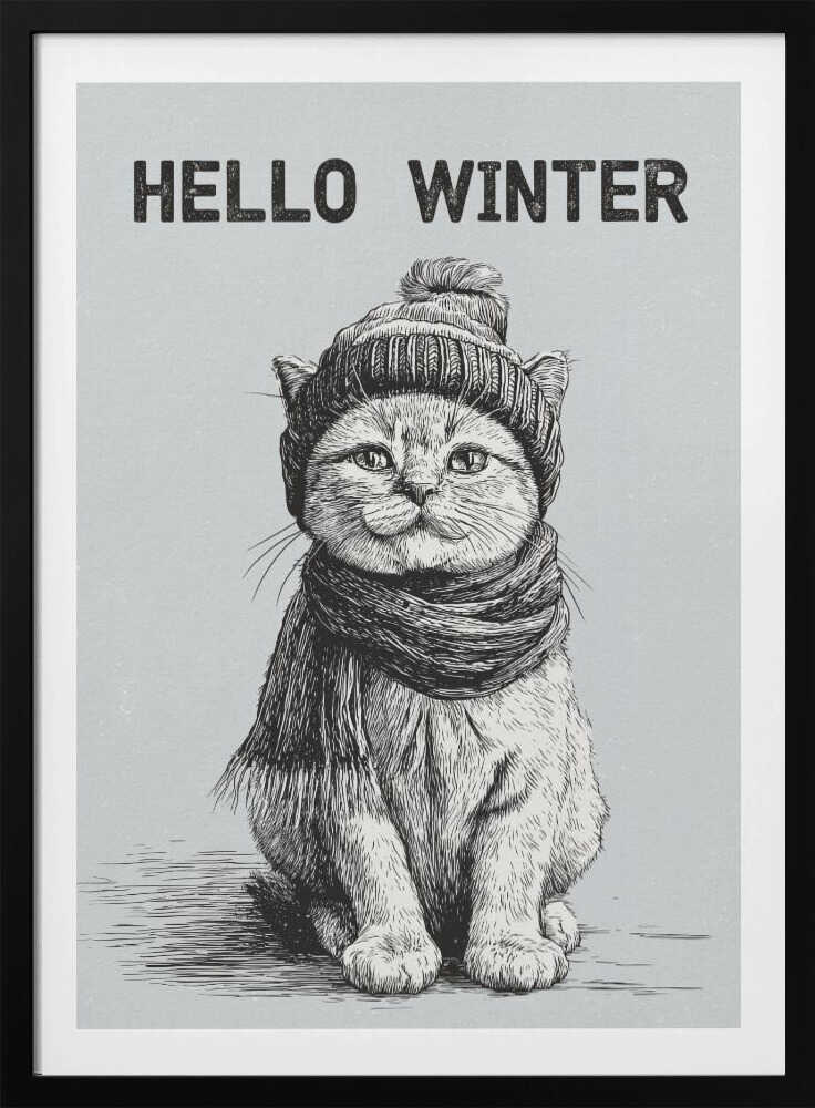 Sketch illustration of a cute cat wearing a winter hat and scarf. 'Hello Winter' quote.