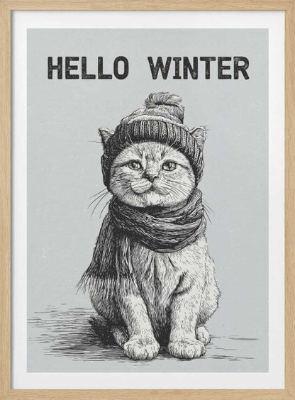 Sketch illustration of a cute cat wearing a winter hat and scarf. 'Hello Winter' quote.