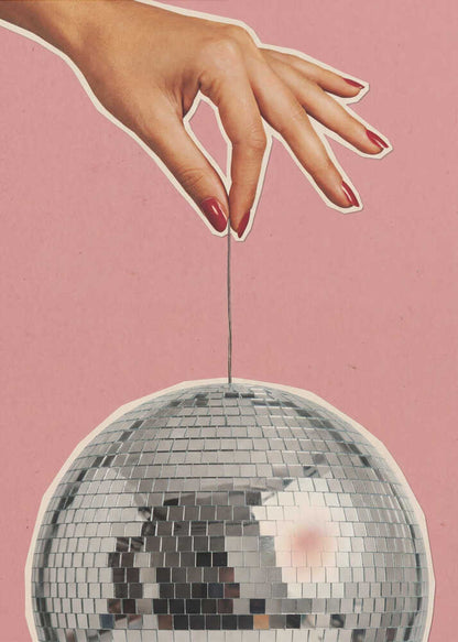 Retro collage art of a hand with red nails holding a silver disco ball against a pink background.