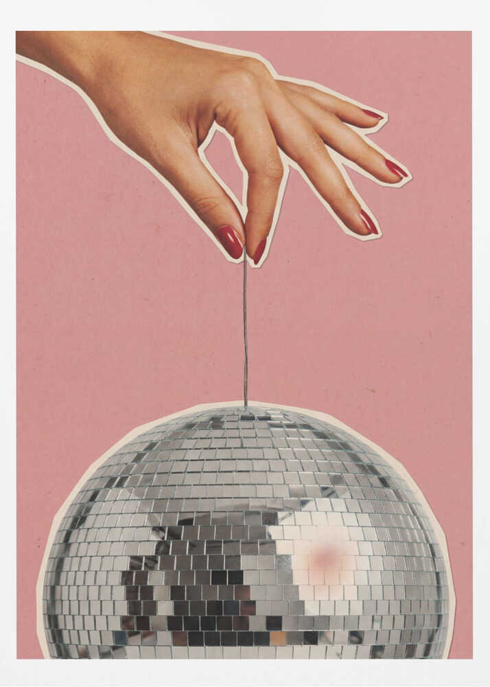 Retro collage art of a hand with red nails holding a silver disco ball against a pink background.