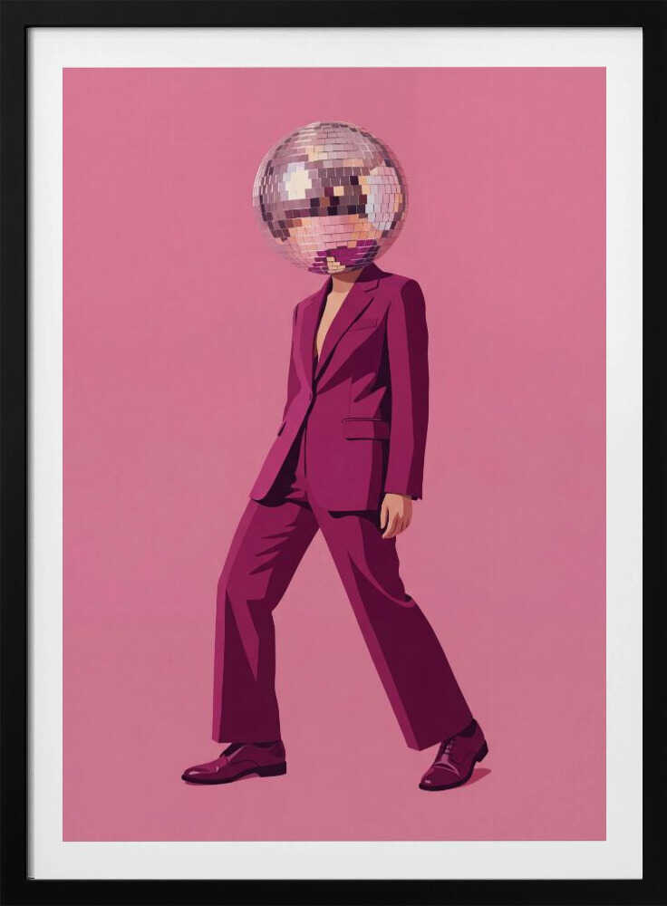 A person with a disco ball for a head wearing a magenta suit against a pink background, surreal wall art.