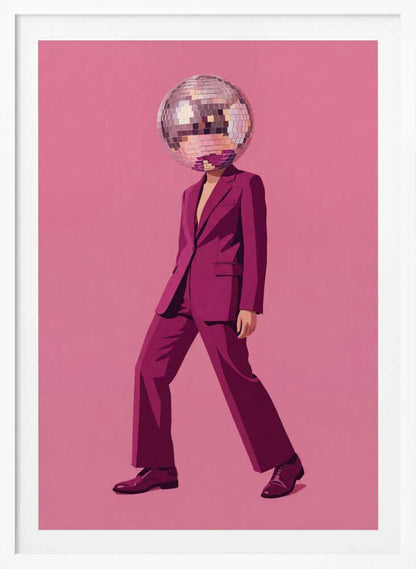 A person with a disco ball for a head wearing a magenta suit against a pink background, surreal wall art.