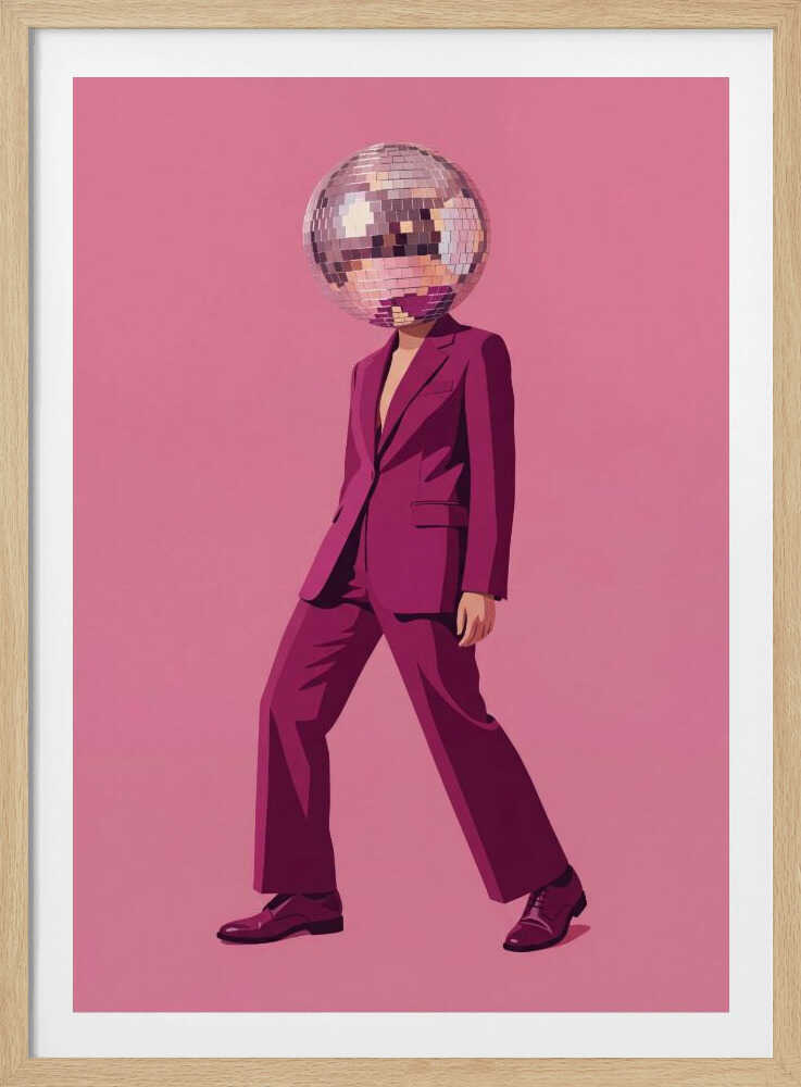 A person with a disco ball for a head wearing a magenta suit against a pink background, surreal wall art.