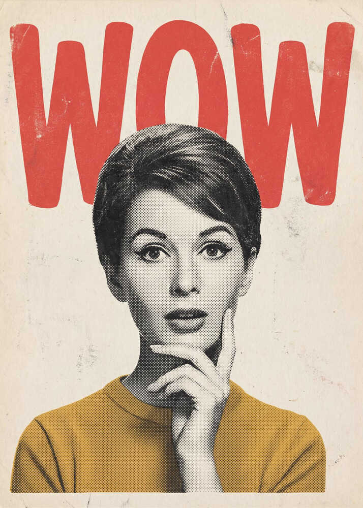 Pop art poster of a surprised woman in a yellow sweater with the word 'WOW' in red text.