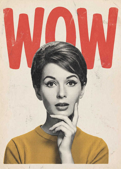 Pop art poster of a surprised woman in a yellow sweater with the word 'WOW' in red text.