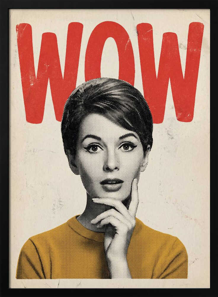 Pop art poster of a surprised woman in a yellow sweater with the word 'WOW' in red text.
