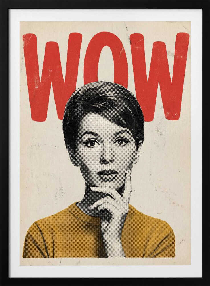 Pop art poster of a surprised woman in a yellow sweater with the word 'WOW' in red text.