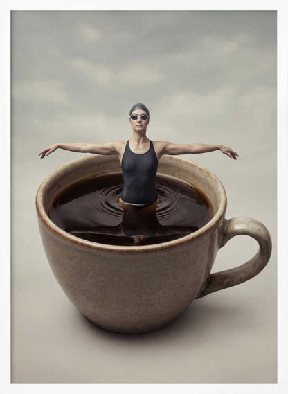 Surreal art print of a woman in a swimsuit swimming in a giant cup of coffee.