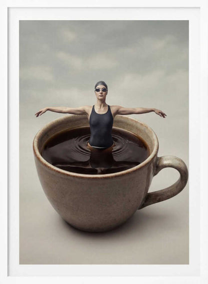 Surreal art print of a woman in a swimsuit swimming in a giant cup of coffee.