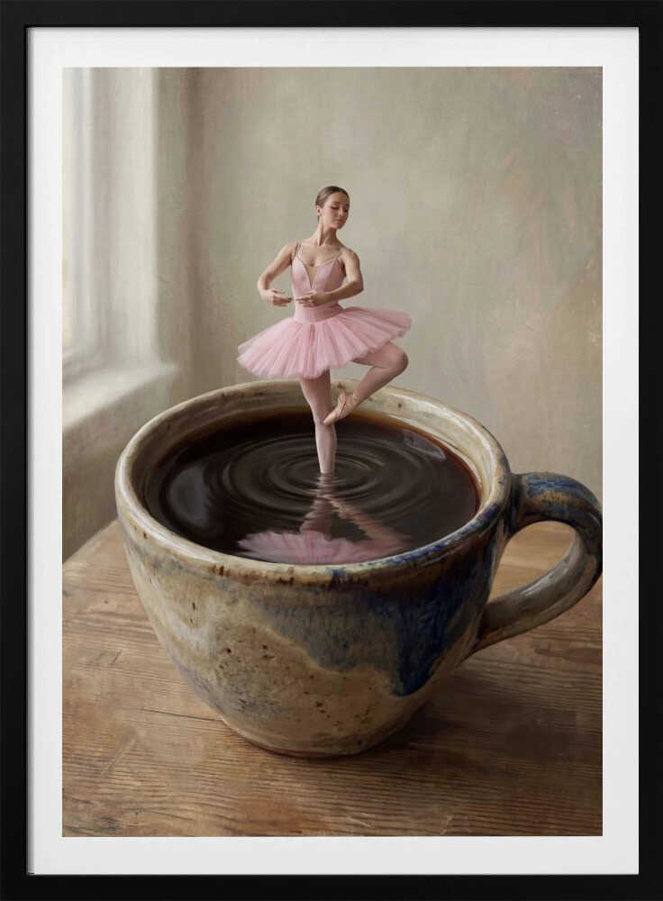 A small ballerina in a pink tutu dances gracefully in a large cup of black coffee.
